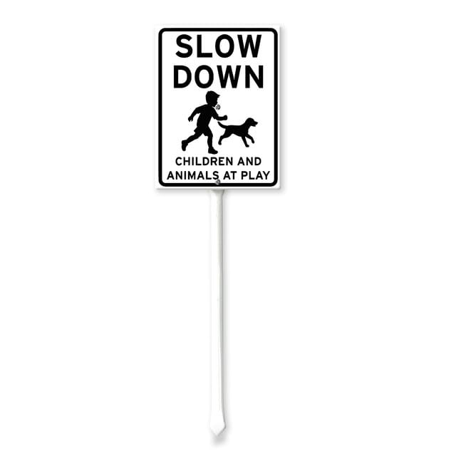 Geroclonup Slow Down Children And Animals At Play Sign with Stake 20x30cm Yard Sign Aluminum Outdoor Decoration Sign Rustproof Sturdy Aluminum Sign for Outdoor Use Easy Install