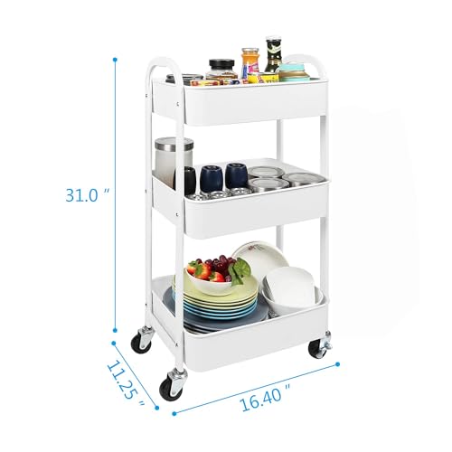 MAX Houser 3-Tier Rolling Utility Cart with Caster Wheels,Easy Assembly, for Kitchen, Bathroom (White)