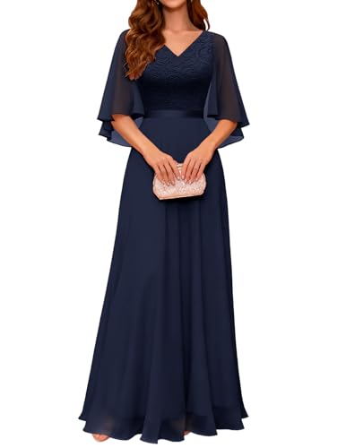 DRESSTELLS Abendkleider Damen Festlich Kleider für Hochzeit Dunkelblau Chiffon Cape Ärmel Ballkleid Elegant Lang Brautkleid Standesamt Partykleid...