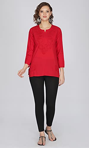 Image of Vahson Designer Hand Lucknowi Chikankari Embroidery Cotton Short Kurti for Women /Girls