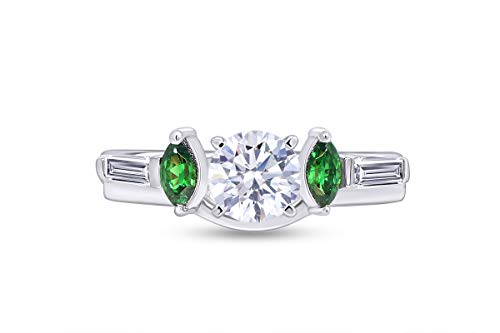 AFFY 0.57 Carat Simulated Emerald & White Cubic Zirconia Enhancer Guard 14K White Gold Over Sterling Silver Ring Size-5.5