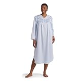 Miss Elaine Long Nightgown, Brushed Back Satin, Long Sleeves and Button Top, Neckline Details (Medium, Blue Dream)