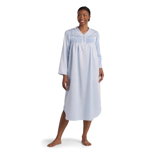 Miss Elaine Long Nightgown, Brushed Back Satin, Long Sleeves and Button Top, Neckline Details, Sleepwear & Loungewear