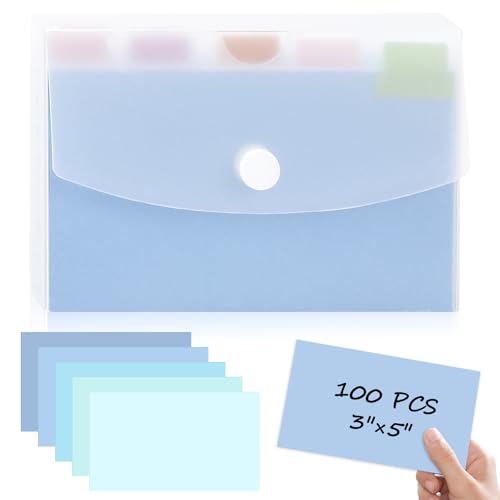 AmazonBasics 100 Pcs 3x5 Blue Plastic Note Card Organizer with Clear Index Card Case, 5 Color Note Cards, Blank Flash Cards, Study Cards, Tab Dividers