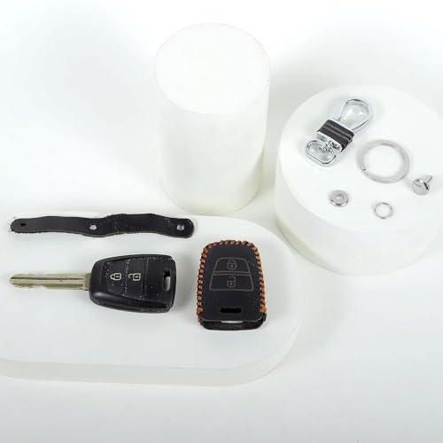 Image of Leather Smart Car Key Cover Case with Metal Hook Keychain for i-10 Grand (Black)