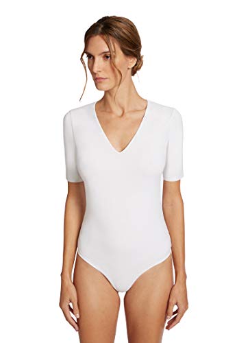Wolford Vermont String Body for Women Lightweight Jersey Deep V-Neck Bodysuit with Short Slim Sleeves and Snap Fastener White X-Small
