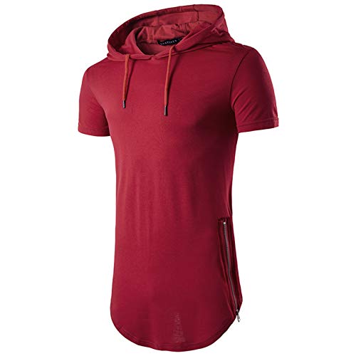 Samachica Men's Hipster Fashion Athletic Hoodies Lightweight Hooded T-Shirt Short Sleeve Sweatshirt Hip Hop Pullover Red #TOP21