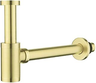 Brass Bottle Trap 1 1/4, Round Decorative P-Trap with 200mm Extension Tube, Adjustable Waste Traps Plumbing Drain Tube for Bathroom Sink Basin Vessel, Brushed Gold