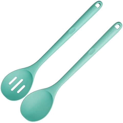600ºF Heat Resistant Silicone Spoons: U-Taste 13.3in Solid & Slotted Kitchen Cooking Tool, Nonstick Long Rubber Utensil, Sturdy for Mixing, Serving, Stirring, Frying, Basting (Aqua Sky, 2PCS) Cover