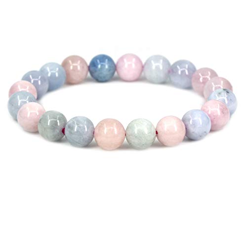 Keleny Pink Morganite Beryl Aquamarine Crystal Man Women Stretch Bracelet 10mm Round Beads Rock Jasper 7 Inch