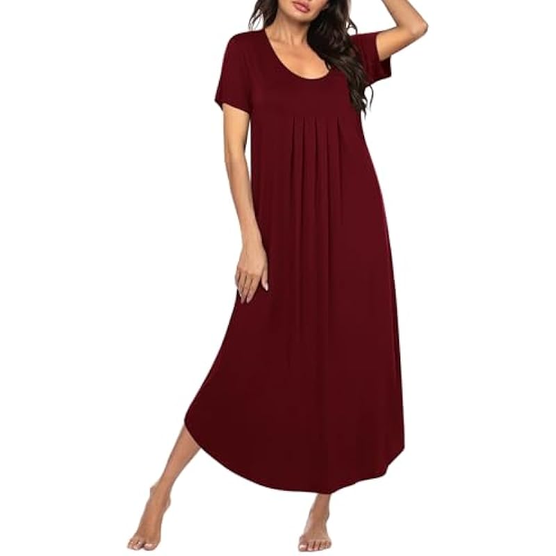 Ekouaer Long Nightgowns for Women House Dress Plus Size Sleepwear Pleated Full Length Loungwear S-4XL