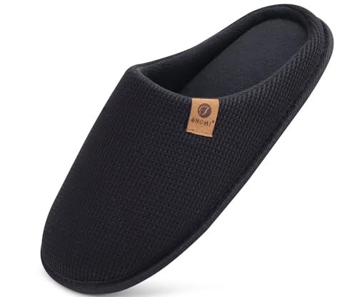 ONCAI Zapatillas Casa Hombre Espuma de Memoria Algodón con Pantuflas de Estar de Imitación Forro de Sintética para Invierno Interiores y Exteriores Suela de Goma Antideslizante Negro Talla 46