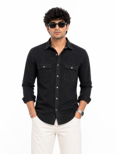 Image of Men's Slim Fit Western Denim Shirt with Dual Chest Pockets - Long Sleeve Button-Down Casual | Smart Casual Fashion Wear |Durable Tich snap Buttons.