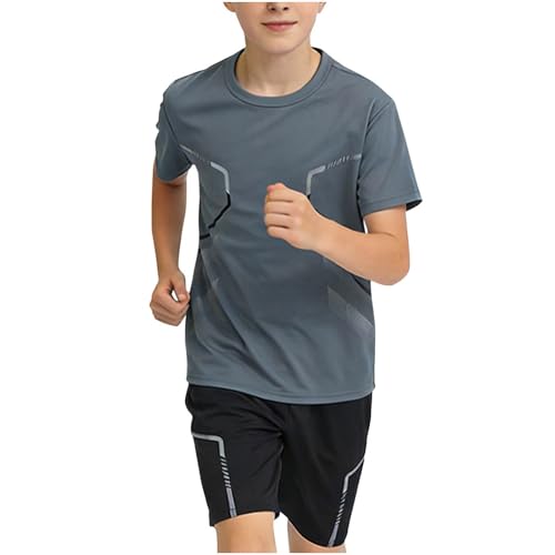 Image of Flodxo Boys Athletic Clothing Sets Summer Short 2 Piece Outfits Sports Breathable School Pe Tracksuit Crewneck Short Sleeve Tshirts and Shorts Set Mesh Football Training Suit Grey 14-15Y