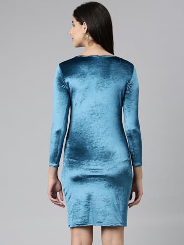 Image of SHOWOFFFF Women Solid Sheath Casual Dress | V Neck Full Sleeves Velvet Dress for Womens | Above Knee Dress for Women's