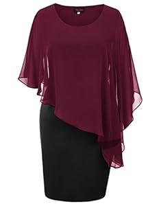 Hanna Nikole Damen Große Größen Cape Ärmel Bleistiftkleid Chiffon Brautjungfernkleid Weinrot + Schwarz L