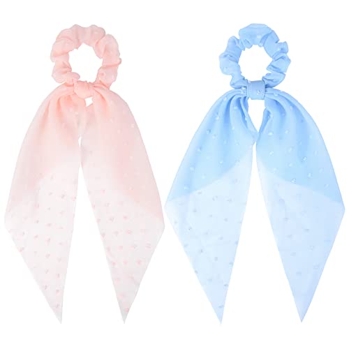2 Pcs Hair Scrunchies Scarf Pink Blue Hair Ribbon Satin Bow Silk Elastic Hair Tie Bands Large Ponytail Holder Accessories For Women Girls #TOP28