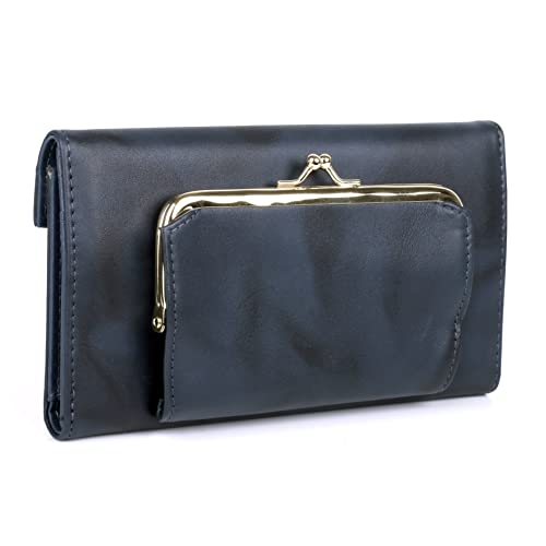 Image of Julia Buxton Heiress Leather Organizer Clutch Handbag Wallet with RFID Blocking, Navy