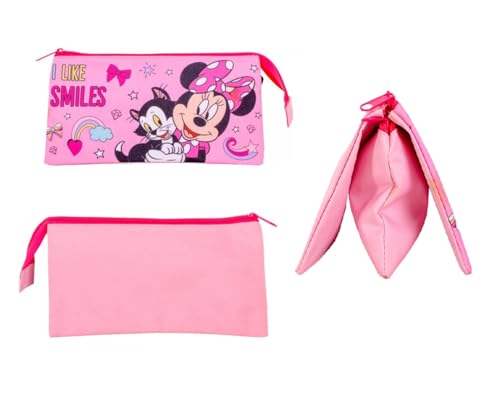 TDL Minnie Mouse - Juego de estuche rectangular de triple bolsa, rosa, con texto en inglés 'I Like Smiles'