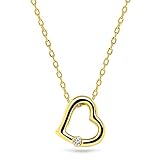 miore collana da donna in oro bianco 375 9 carati, con ciondolo a forma di cuore e diamante brillante 0,01 ct, realizzata a mano, delicata sulla pelle, leggera, regalo con scatola per gioielli, oro,