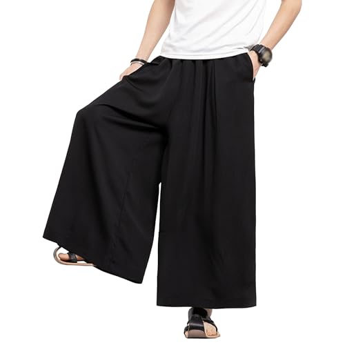 Men's Casual Wide Leg Harem Pants Solid Baggy Japanese Pants Lightweight Breathable Elastic Waist Hakama Pant