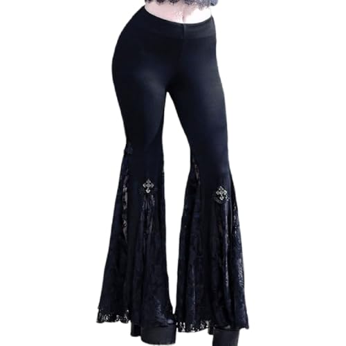 Women's Gothic Lace Flared Pants Wide Leg Palazzo Pants High Waist Mesh Bell Bottom Trousers for Party Festival Dance2