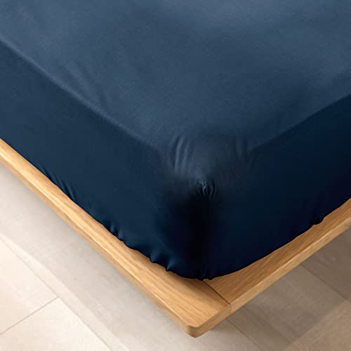 douceur d'intérieur, Biolina Fitted Sheet (180 x 200 cm) Midnight Blue, 100% Organic Cotton