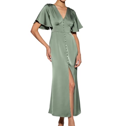 RIHOAS Women Satin Midi Dresses - V Neck Ruffled A-Line