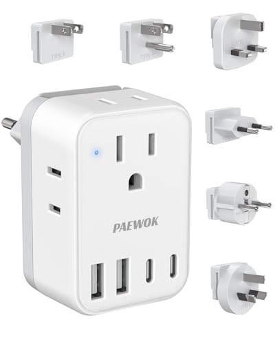 International Power Adapter Set, US to EU/UK/AUS/Japan Universal Travel Adapter- 4 AC Outlets 4 USB Ports (2 USB C), Worldwide Travel Plug Adapter Kit Include Type F/G/I/C/B/A Detachable Charger Plug