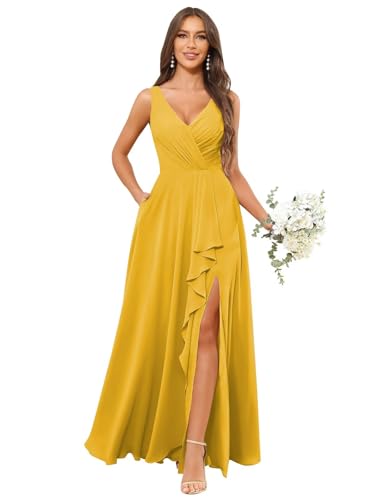 Image of HANVAIOS Long Chiffon V Neck Bridesmaid Dresses for Women Formal Dress with Pocket