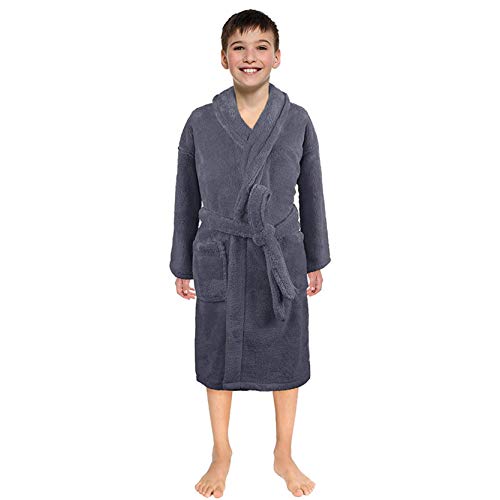 Thatso Baby Toddler Boys Girls Flannel Bathrobes, Hoodie Robe Plush Soft Fleece Pajamas Sleepwear, Kids Bath Towel Robes(9-12 Years,Gray)