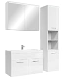 Badplaats B.V. Badezimmer Badmöbel Set Paso LED 80cm Waschbecken Hochglanz Weiß Fronten - Unterschrank Hochschrank Waschbecken Spiegelschrank