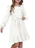 blibean Girls Cotton Fall Long Sleeve Dresses Big Kid Boho Ruffle Square Neck Semi Formal Belt Dress Solid Casual Fancy Flare Party Clothes Spring Dressy Outfit Size 12-13 Year Old White