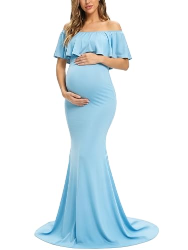 Glampunch Womens Off Shoulder Maternity Dress Ruffles Elegant Slim Gowns Fit Maxi Photography Dress