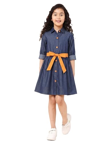 Image of A.T.U.N. (ALL THINGS UBER NICE) Girls 100% Cotton Shirt Dress with Belt | Solid Button-Down Dress with Collar Neck | Soft Breathable Kids Outfit for Girls