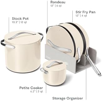 Caraway Cookware+ Collection - Specialty Cookware Set - Petite Cooker, Stir Fry Pan, Rondeau, & Stock Pot - 3 Lids & Storage Organizer Included - Cream
