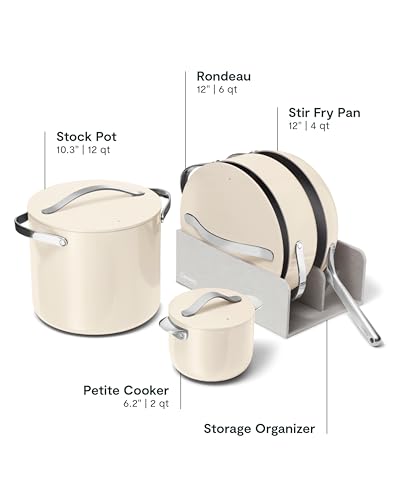 Caraway Cookware+ Collection - Specialty Cookware Set - Petite Cooker, Stir Fry Pan, Rondeau, & Stock Pot - 3 Lids & Storage Organizer Included - Cream