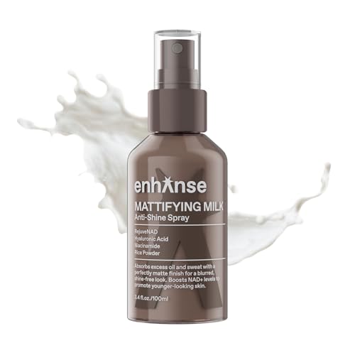 ENHANSE Mattifying Milk Anti Shine Matte Spray for Men, Hydrating Hyaluronic Acid, Rice Powder, RejuveNAD, Liquid Powder to Blur Pores & Control Shine, Clean, Oily Skin, 3.4 Fl Oz