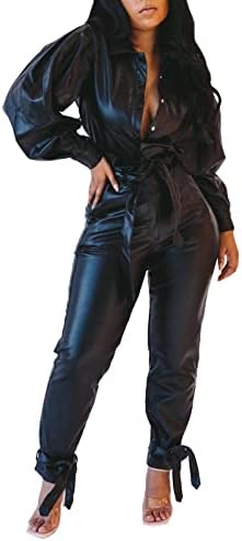 Neyaolk Women Outfits Tracksuit Jogging Sweatsuit - Plus Size Pu Button Blouse Coat High Rise Jogger Pant Set Party Wear Black XXL