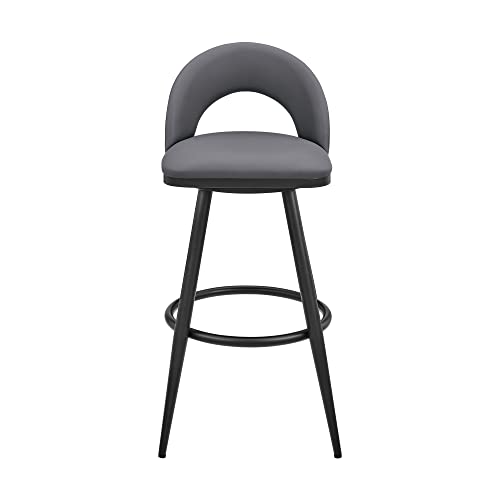 Armen Living Charlotte Swivel Bar Stool in Black Metal with Grey Faux Leather