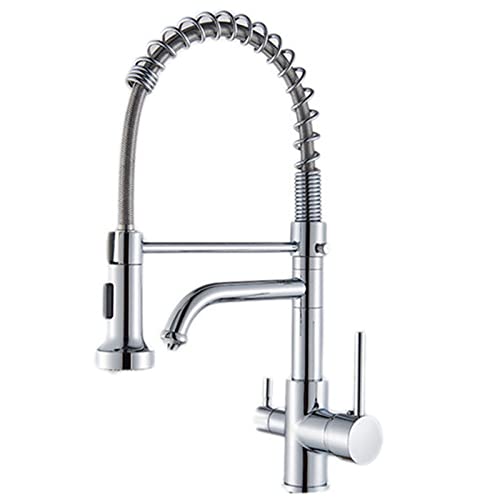 飲料水付きキッチン蛇口 360°回転 2モードスプレー引き出しキッチンシンク真鍮デュアルハンドル冷温水キッチンミキサータップ、ブラック(ブラッシュニッケル)