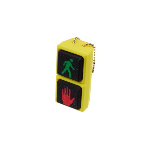 A fidget keychain shaped like a pedestrian crosswalk signal — two clickable buttons with the actual red hand and green walk icons for maximally satisfying, theme-appropriate decompression.