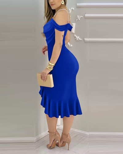 Image of CHICME Womens Sexy Bodycon Party Dress Off The Shoulder Pearls Strap Midi Dress Ruffle Hem Cocktail Dresses
