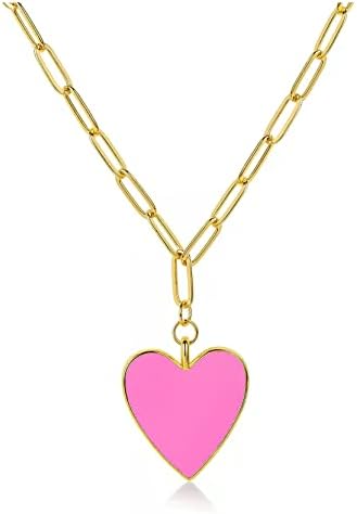 CILILI Preppy Necklace for Women Girls, Forever Love Heart Enamel Pendant Paperclip Necklace 18K Gold Plated Jewelry Gifts
