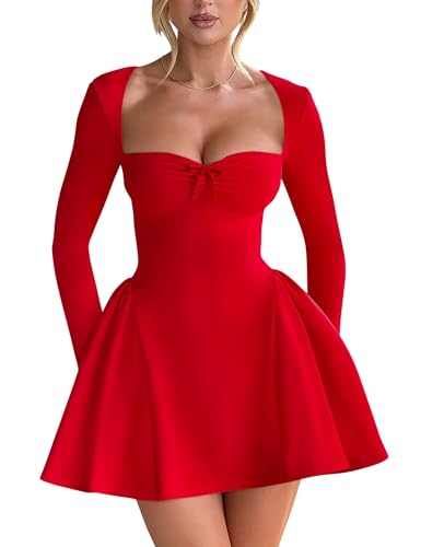 YMDUCH Women's Sexy Long Sleeve Sweetheart Neck A-line Ruffle Hem Party Club Mini Dress Red