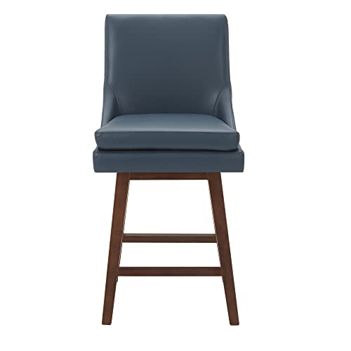 Watson & Whitely 26" Counter Height Swivel Barstools, Upholstered Faux Leather Bar Stool With Back, Solid Wood Legs, Blue #TOP1