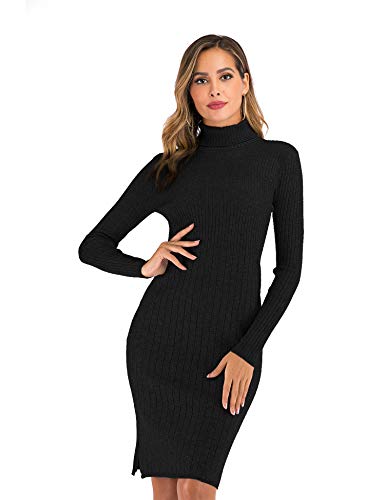 Preisvergleich Produktbild Enjoyoself Damen Rollkragen Strickkleid Elegant Rippstrick Knielanges Pullikleid Warme Figurbetonte Winterkleider für Freizeit,Schwarz,S