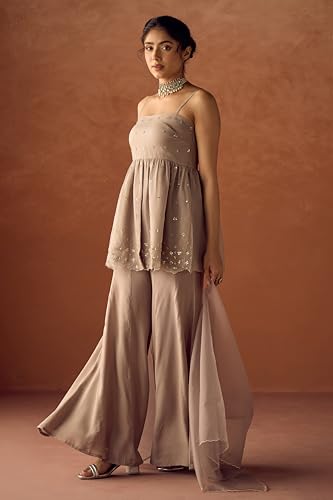 Image of FIORRA Women Grey Crush Organza Hand Work A-Line Kurta Set with Dupatta