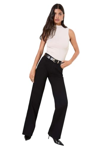 Image of KOTTY Women's High Rise Wide Leg Jeans|Cotton Blend Straight Fit Denim|Trendy Comfortable Casual Wear