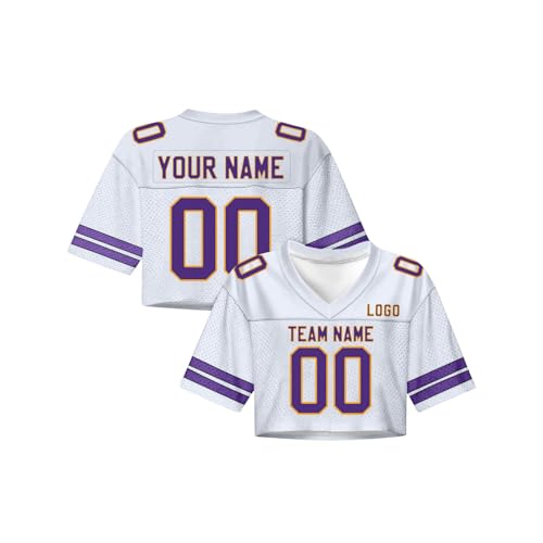 Personalised American Football Jersey Crop Tops for Women Customised Rugby Jersey with Name, Number, Team Logo Hip Hop V-Neck Tee Streetwea #112 B-White